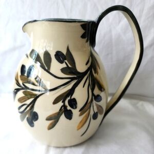 Studio Art Pottery Pitcher Handpainted Jug Olive Branches Signed French Country